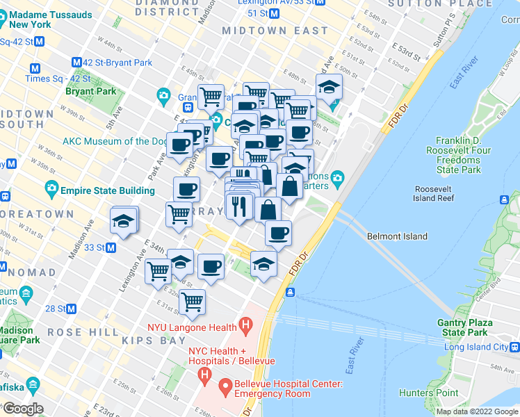 map of restaurants, bars, coffee shops, grocery stores, and more near 322 East 39th Street in New York
