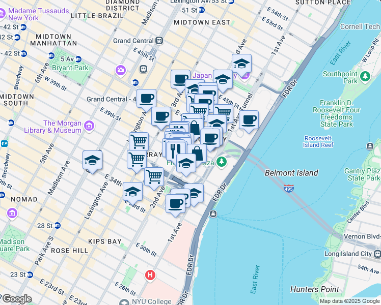 map of restaurants, bars, coffee shops, grocery stores, and more near 322 East 39th Street in New York