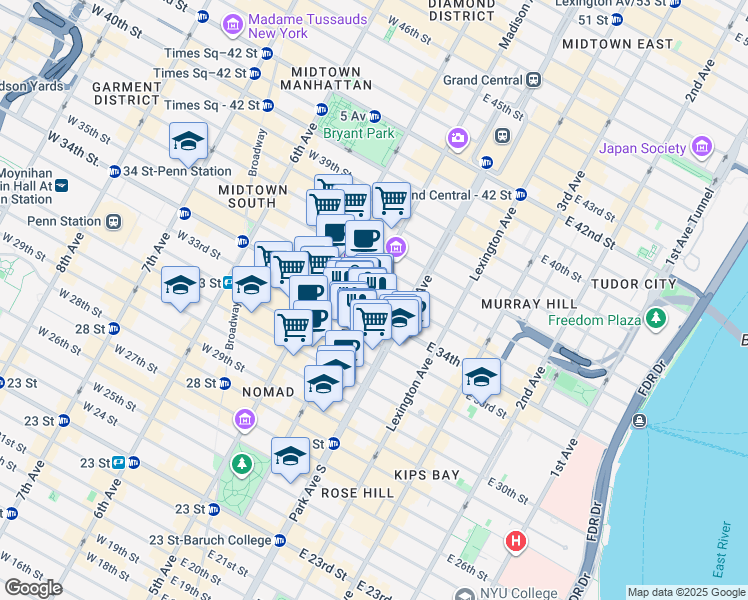 map of restaurants, bars, coffee shops, grocery stores, and more near 185 Madison Avenue in New York