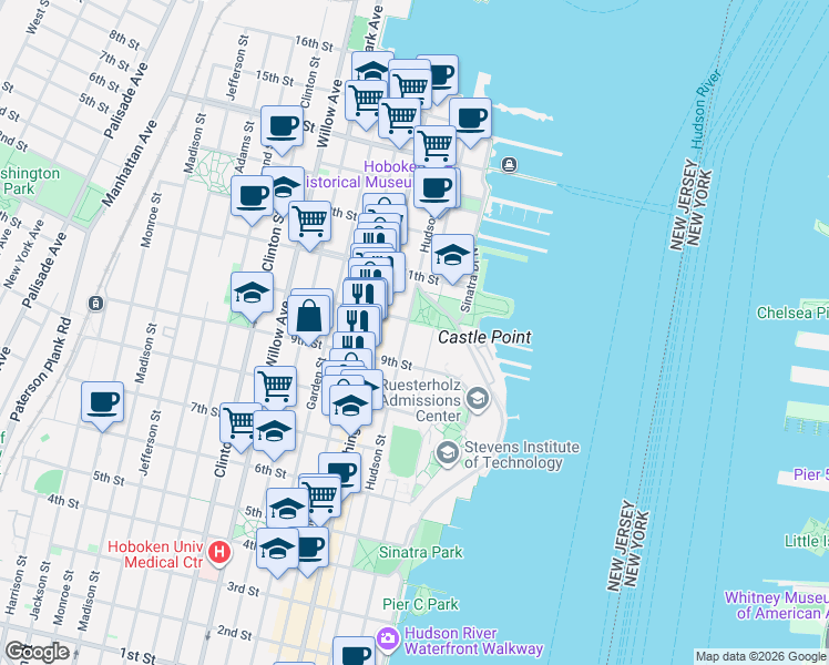 map of restaurants, bars, coffee shops, grocery stores, and more near 913 Hudson Street in Hoboken