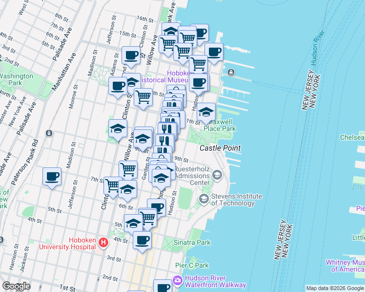 map of restaurants, bars, coffee shops, grocery stores, and more near 913 Hudson Street in Hoboken
