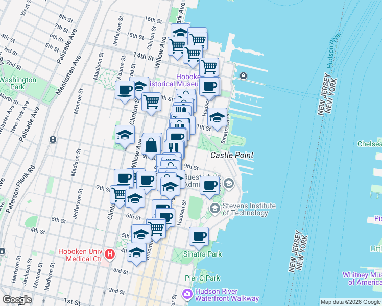 map of restaurants, bars, coffee shops, grocery stores, and more near 913 Hudson Street in Hoboken