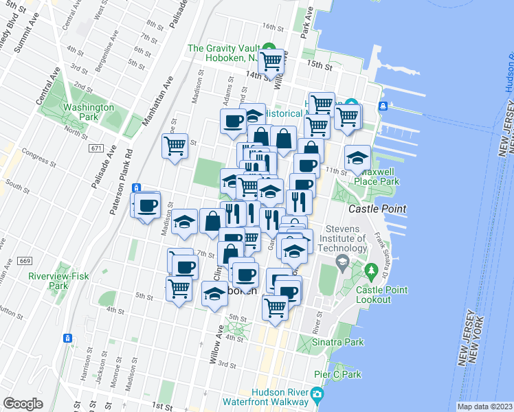 map of restaurants, bars, coffee shops, grocery stores, and more near 836 Park Avenue in Hoboken