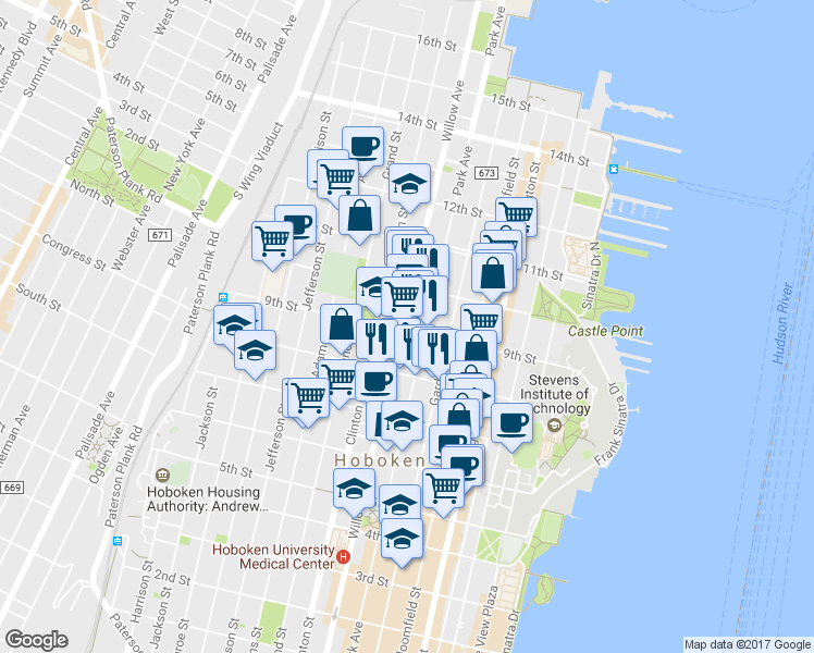 map of restaurants, bars, coffee shops, grocery stores, and more near 836 Park Avenue in Hoboken