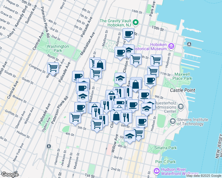 map of restaurants, bars, coffee shops, grocery stores, and more near 812 Grand Street in Hoboken