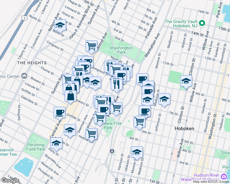map of restaurants, bars, coffee shops, grocery stores, and more near 338 New York Avenue in Jersey City