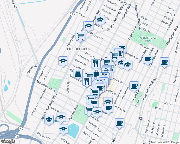 map of restaurants, bars, coffee shops, grocery stores, and more near 65 Lincoln Street in Jersey City