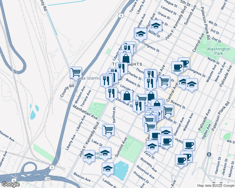map of restaurants, bars, coffee shops, grocery stores, and more near 124 Zabriskie Street in Jersey City
