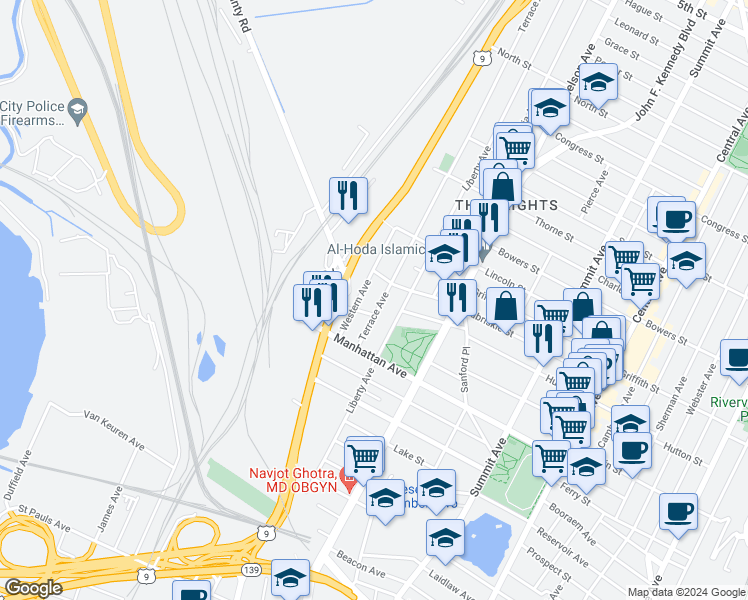map of restaurants, bars, coffee shops, grocery stores, and more near 40 County Road 649 in Jersey City