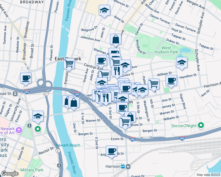 map of restaurants, bars, coffee shops, grocery stores, and more near 241 Hamilton Street in Harrison