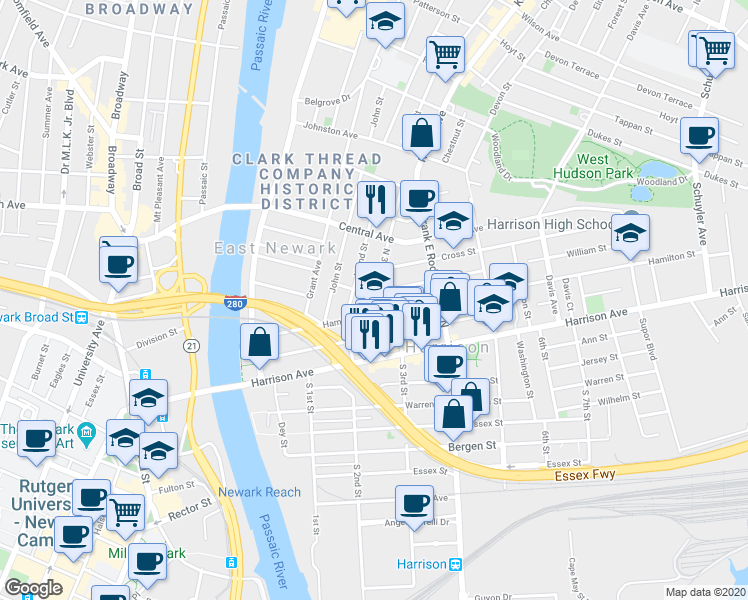 map of restaurants, bars, coffee shops, grocery stores, and more near 206B Hamilton Street in Harrison