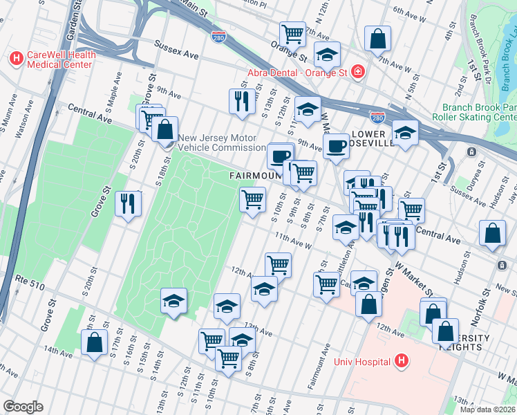 map of restaurants, bars, coffee shops, grocery stores, and more near 161 South 10th Street in Newark