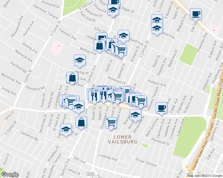 map of restaurants, bars, coffee shops, grocery stores, and more near 29 Halstead Street in Newark