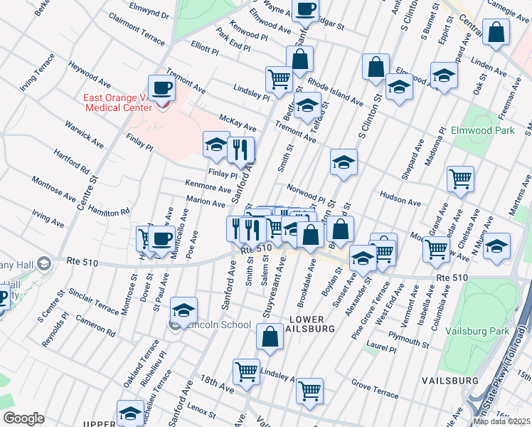 map of restaurants, bars, coffee shops, grocery stores, and more near 135 Smith Street in Newark