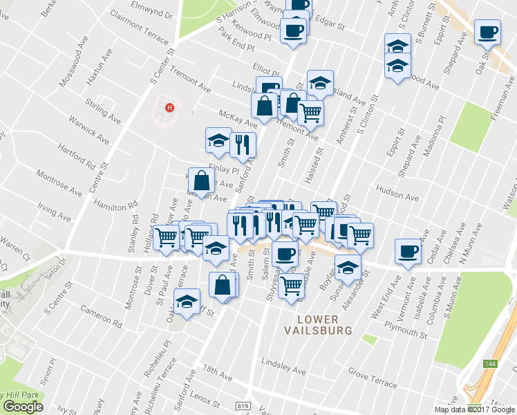 map of restaurants, bars, coffee shops, grocery stores, and more near 135 Smith Street in Newark