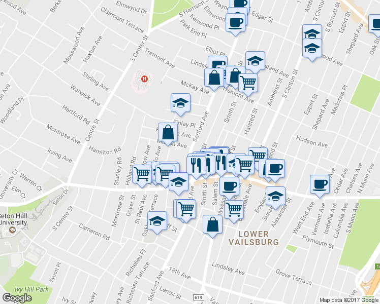 map of restaurants, bars, coffee shops, grocery stores, and more near 27 Palm Street in Newark