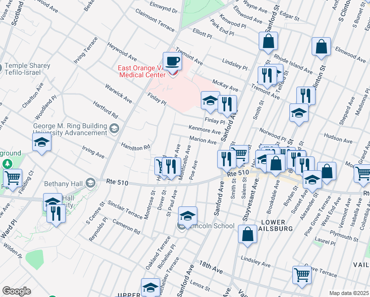 map of restaurants, bars, coffee shops, grocery stores, and more near 53 Monticello Avenue in Newark