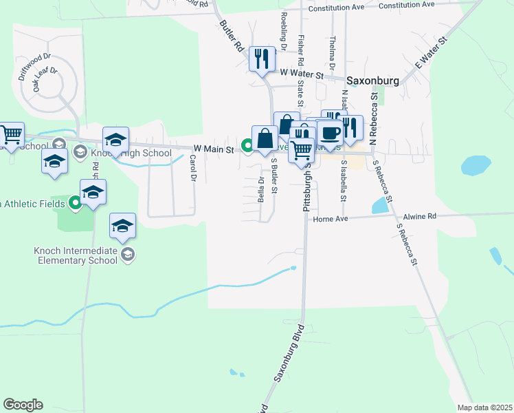 map of restaurants, bars, coffee shops, grocery stores, and more near 208 Evergreen Court in Saxonburg