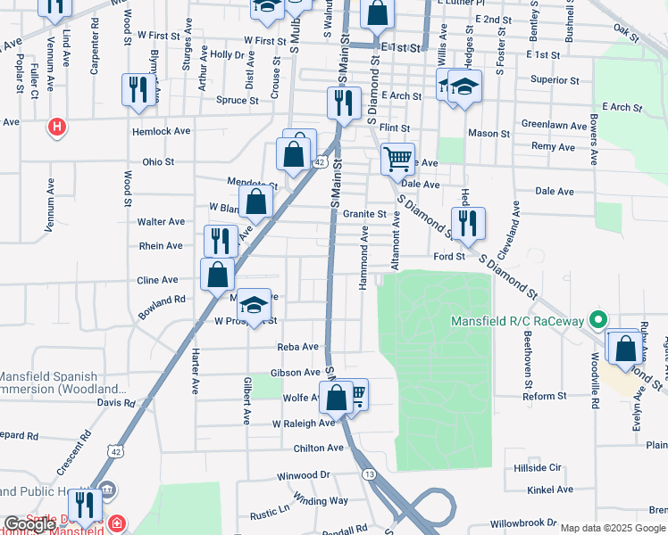 map of restaurants, bars, coffee shops, grocery stores, and more near 2 Chestnut Court in Mansfield