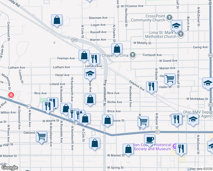 map of restaurants, bars, coffee shops, grocery stores, and more near 700-798 Highway 309 in Lima