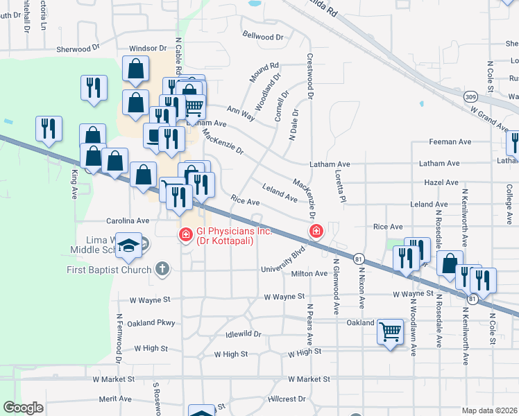 map of restaurants, bars, coffee shops, grocery stores, and more near 1800 Allentown Road in Lima