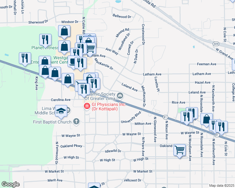map of restaurants, bars, coffee shops, grocery stores, and more near 1800 Allentown Road in Lima