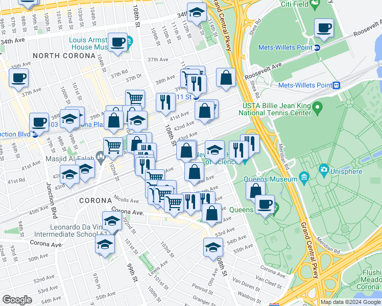map of restaurants, bars, coffee shops, grocery stores, and more near 108-28 45th Avenue in Queens