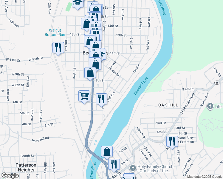 map of restaurants, bars, coffee shops, grocery stores, and more near 215 8th Street in Beaver Falls