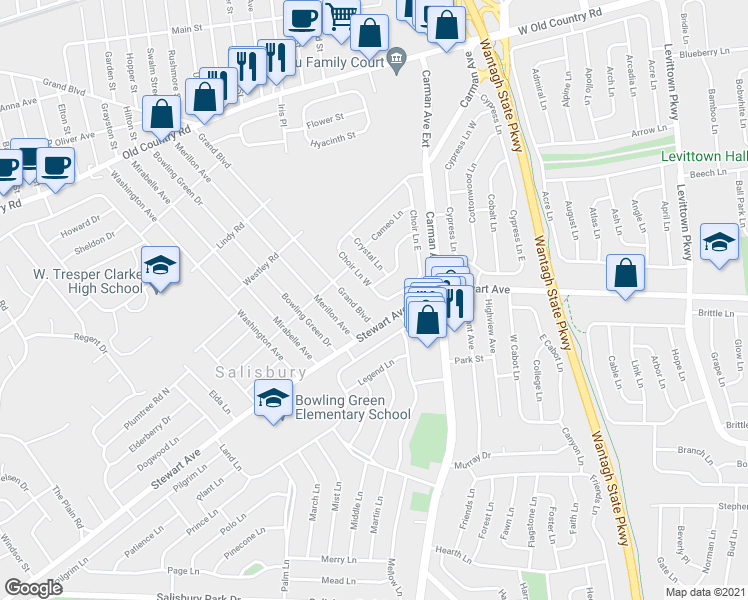map of restaurants, bars, coffee shops, grocery stores, and more near 106 Choir Lane in Westbury