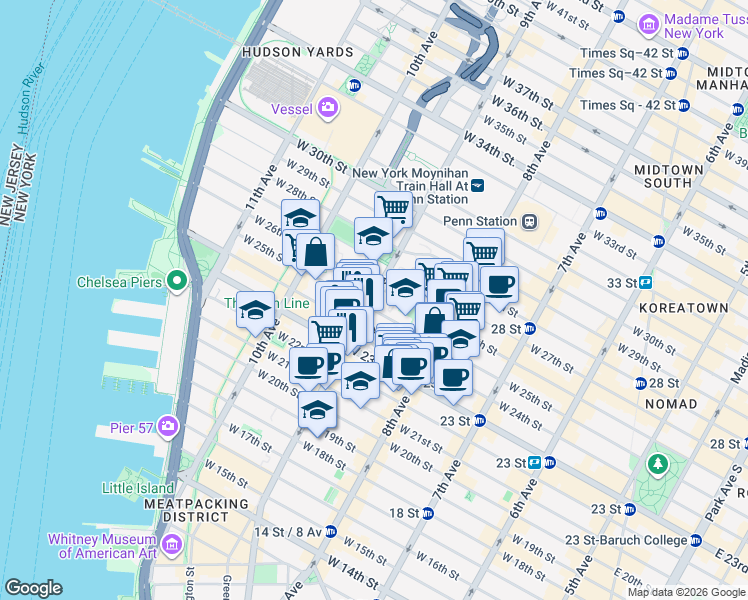 map of restaurants, bars, coffee shops, grocery stores, and more near 372 West 25th Street in New York