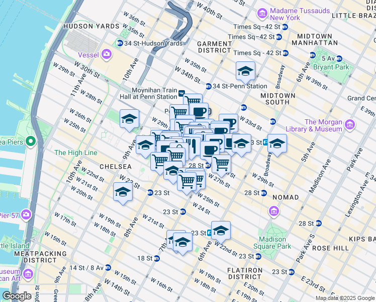 map of restaurants, bars, coffee shops, grocery stores, and more near 235 West 28th Street in New York