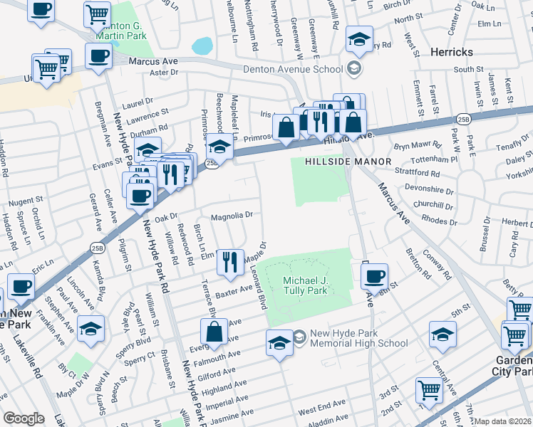 map of restaurants, bars, coffee shops, grocery stores, and more near 86 Maple Drive in New Hyde Park