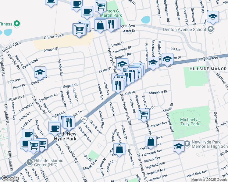 map of restaurants, bars, coffee shops, grocery stores, and more near 1574 Hillside Avenue in North New Hyde Park