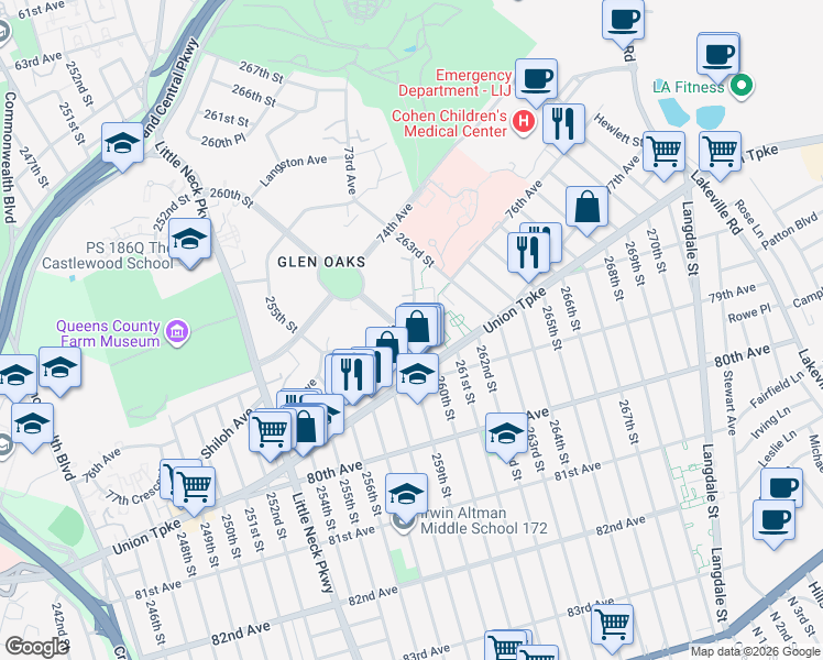 map of restaurants, bars, coffee shops, grocery stores, and more near 258-17 Union Turnpike in Queens