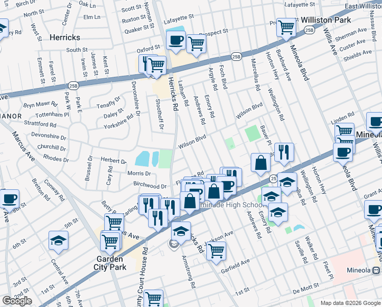 map of restaurants, bars, coffee shops, grocery stores, and more near 363 White Road in Mineola
