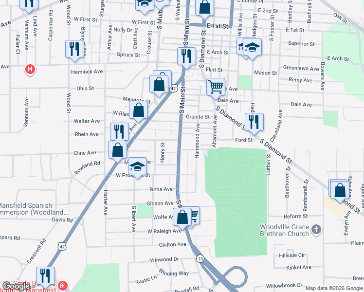 map of restaurants, bars, coffee shops, grocery stores, and more near 2 Chestnut Court in Mansfield