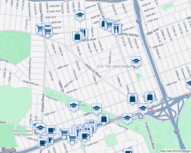 map of restaurants, bars, coffee shops, grocery stores, and more near 5057 195th Street in Queens
