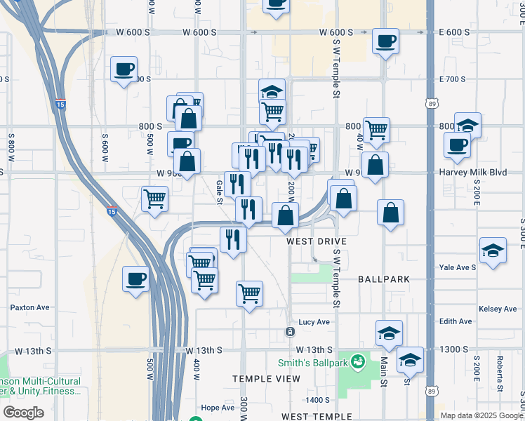 map of restaurants, bars, coffee shops, grocery stores, and more near 968 Washington Street in South Salt Lake