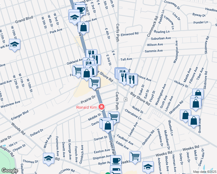 map of restaurants, bars, coffee shops, grocery stores, and more near 61 Jacqueline Way in North Babylon
