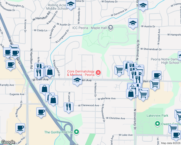 map of restaurants, bars, coffee shops, grocery stores, and more near 1805 West Glen Avenue in Peoria