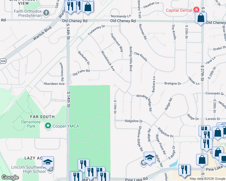 map of restaurants, bars, coffee shops, grocery stores, and more near 6530 South 19th Street in Lincoln