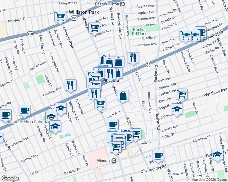 map of restaurants, bars, coffee shops, grocery stores, and more near 157 Jefferson Avenue in Mineola