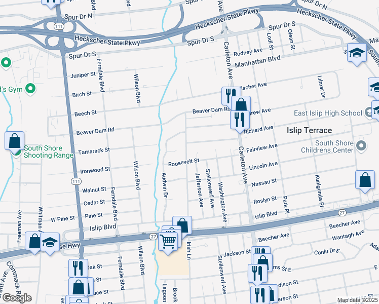 map of restaurants, bars, coffee shops, grocery stores, and more near 199 Irish Lane in Islip Terrace