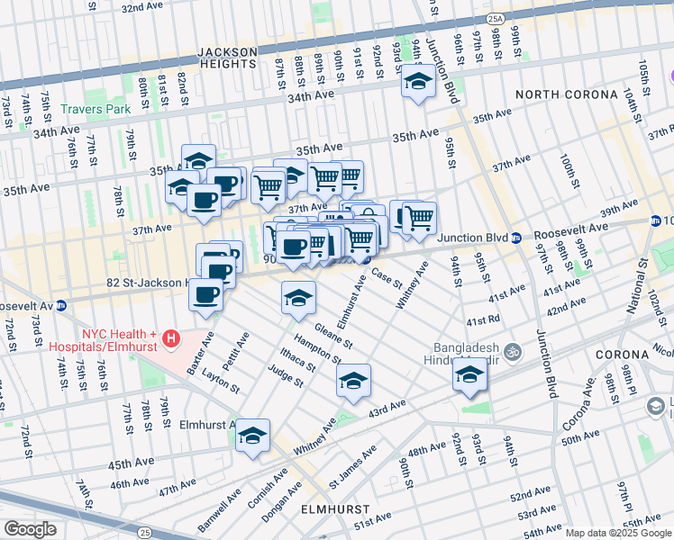 map of restaurants, bars, coffee shops, grocery stores, and more near in Queens