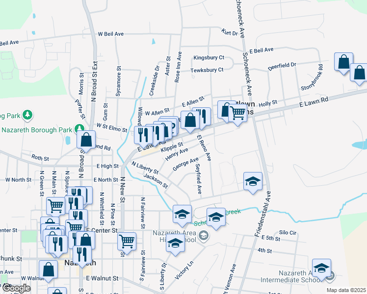 map of restaurants, bars, coffee shops, grocery stores, and more near 85 George Avenue in Nazareth