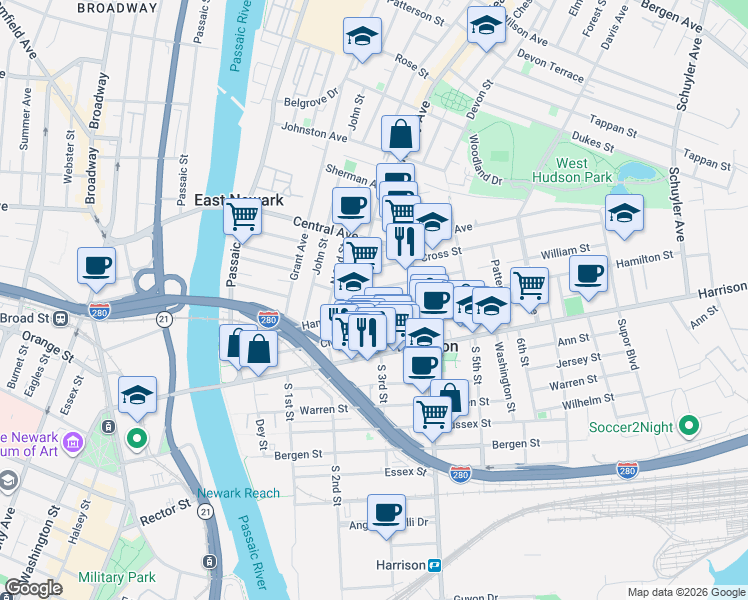 map of restaurants, bars, coffee shops, grocery stores, and more near 241 Hamilton Street in Harrison