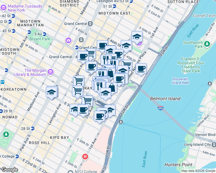 map of restaurants, bars, coffee shops, grocery stores, and more near 300 East 40th Street in New York