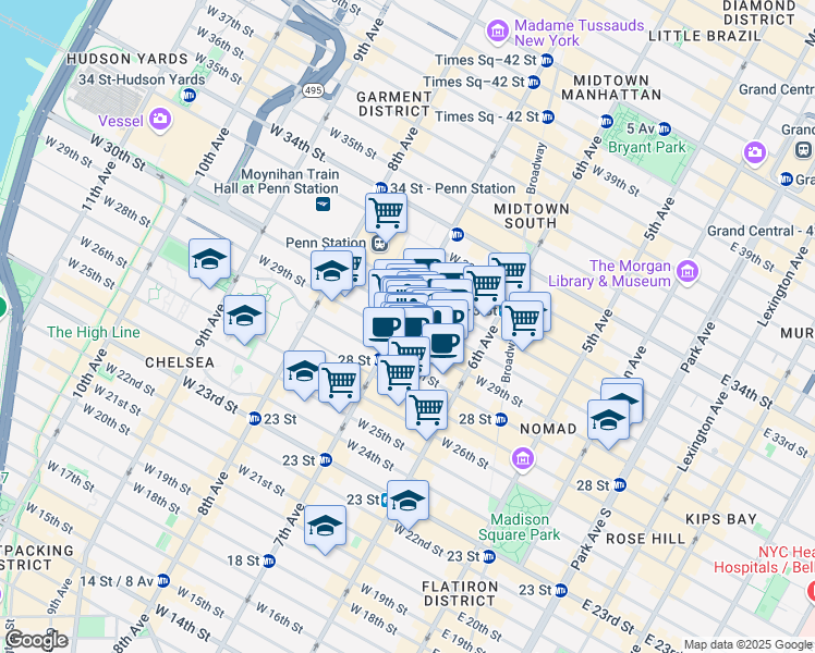 map of restaurants, bars, coffee shops, grocery stores, and more near 345 7th Avenue in New York
