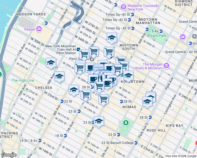 map of restaurants, bars, coffee shops, grocery stores, and more near 345 7th Avenue in New York