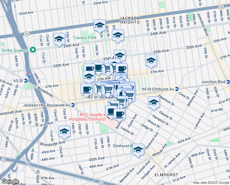 map of restaurants, bars, coffee shops, grocery stores, and more near 80-07 Roosevelt Avenue in Queens